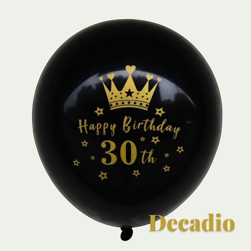 Gr8est Decadio black latex balloon with gold crown and Happy Birthday 30th print for milestone birthday celebrations