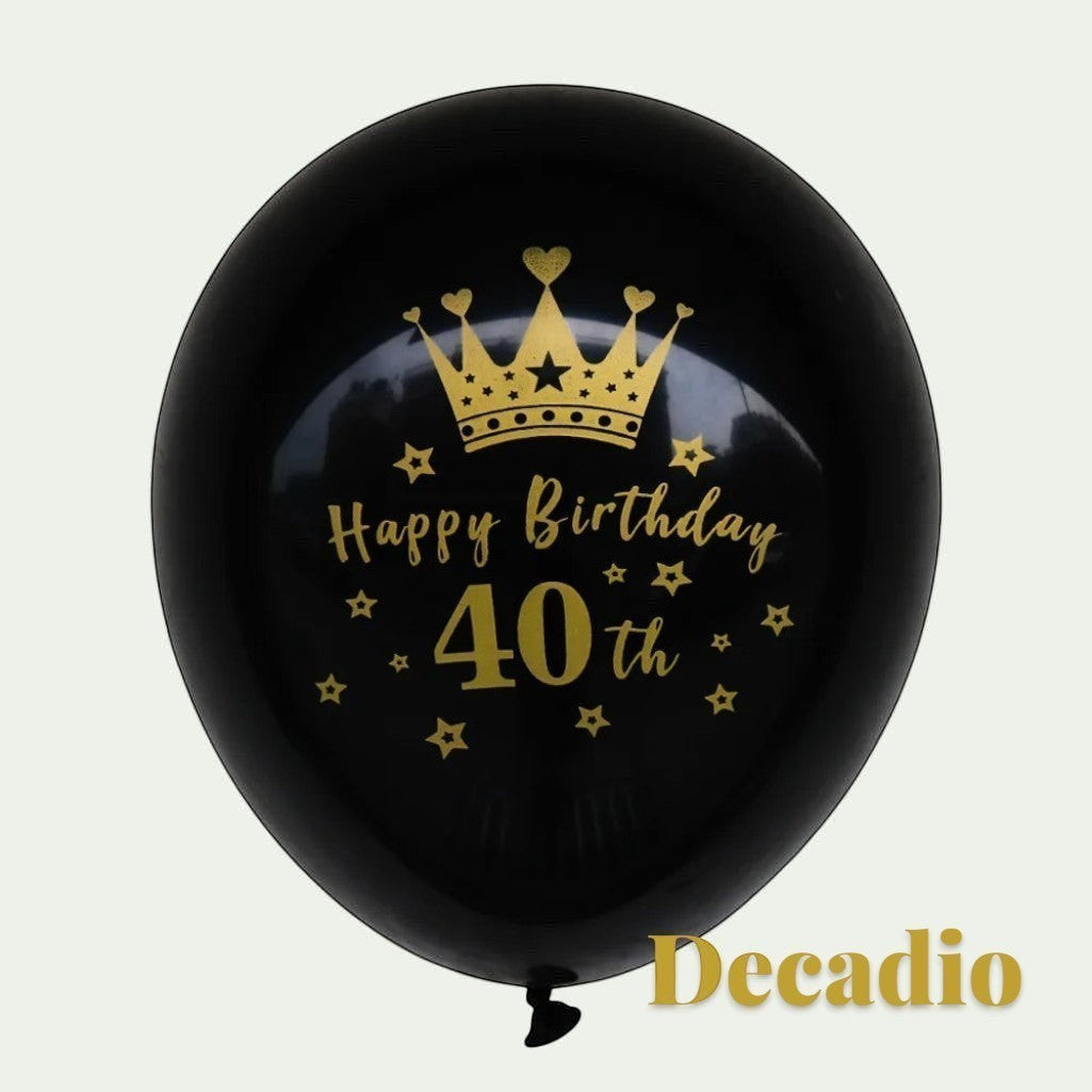 Gr8est Decadio black latex balloon with gold crown and 40th birthday print for milestone celebrations