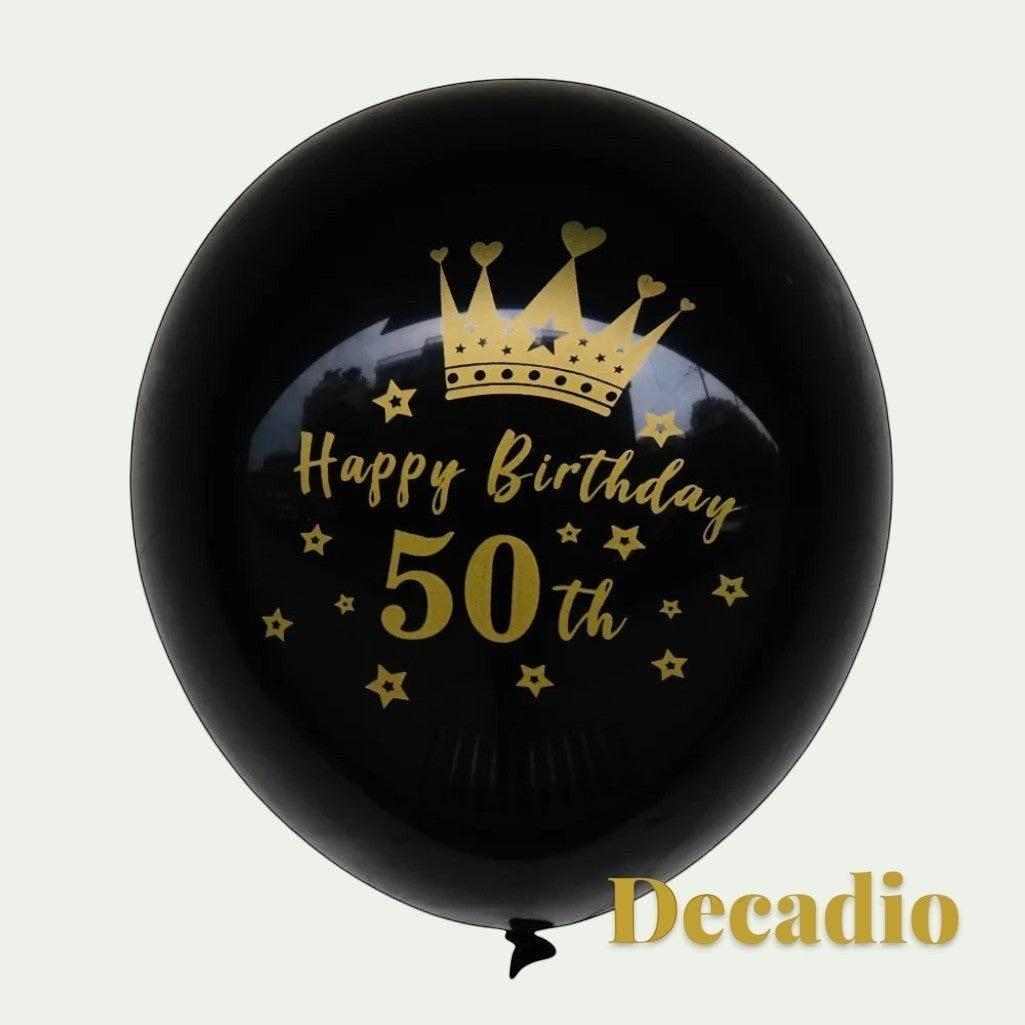 Gr8est Decadio 50th birthday latex balloon in black with gold crown and Happy Birthday print