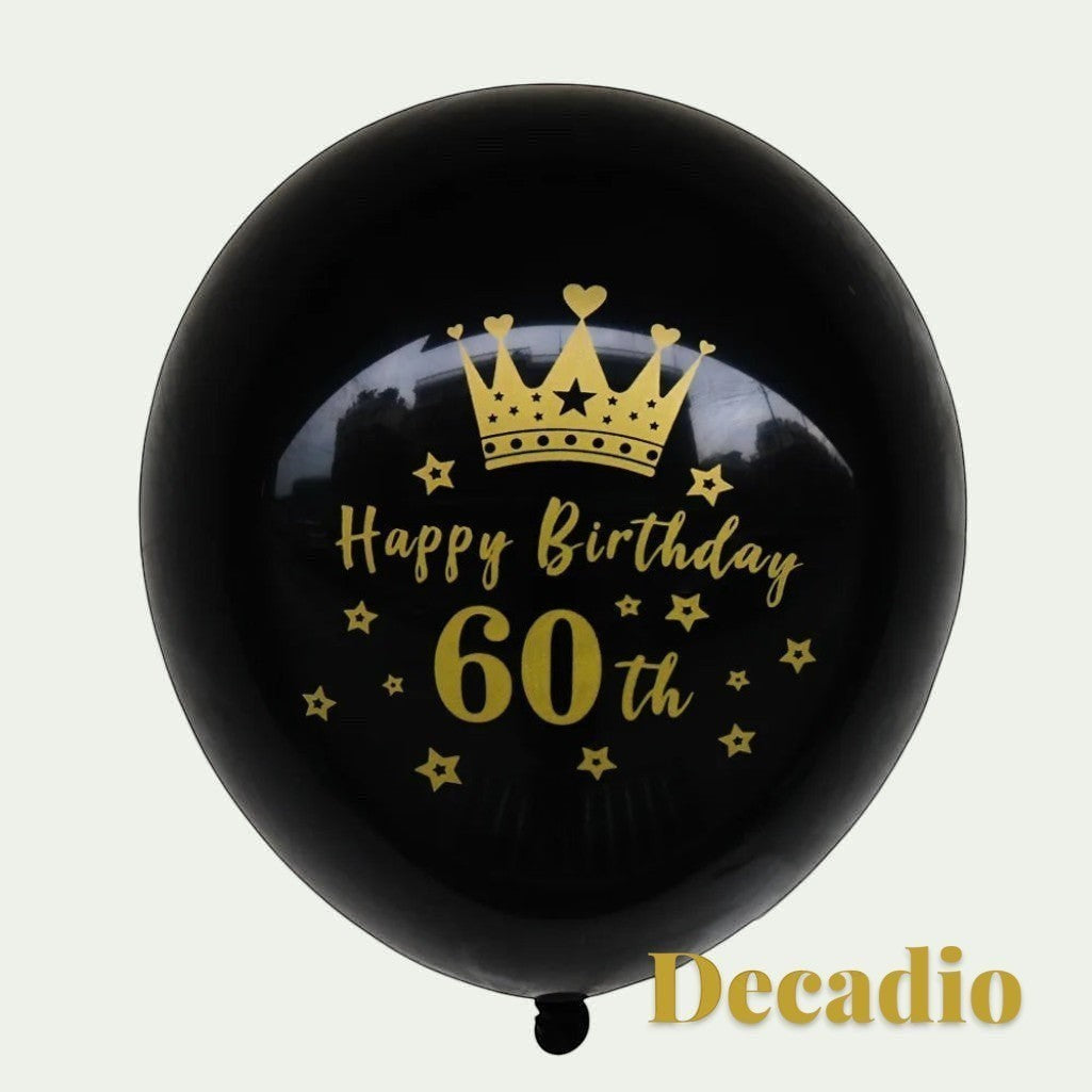 Gr8est Decadio black latex balloon with gold crown and 60th birthday print for milestone party decorations