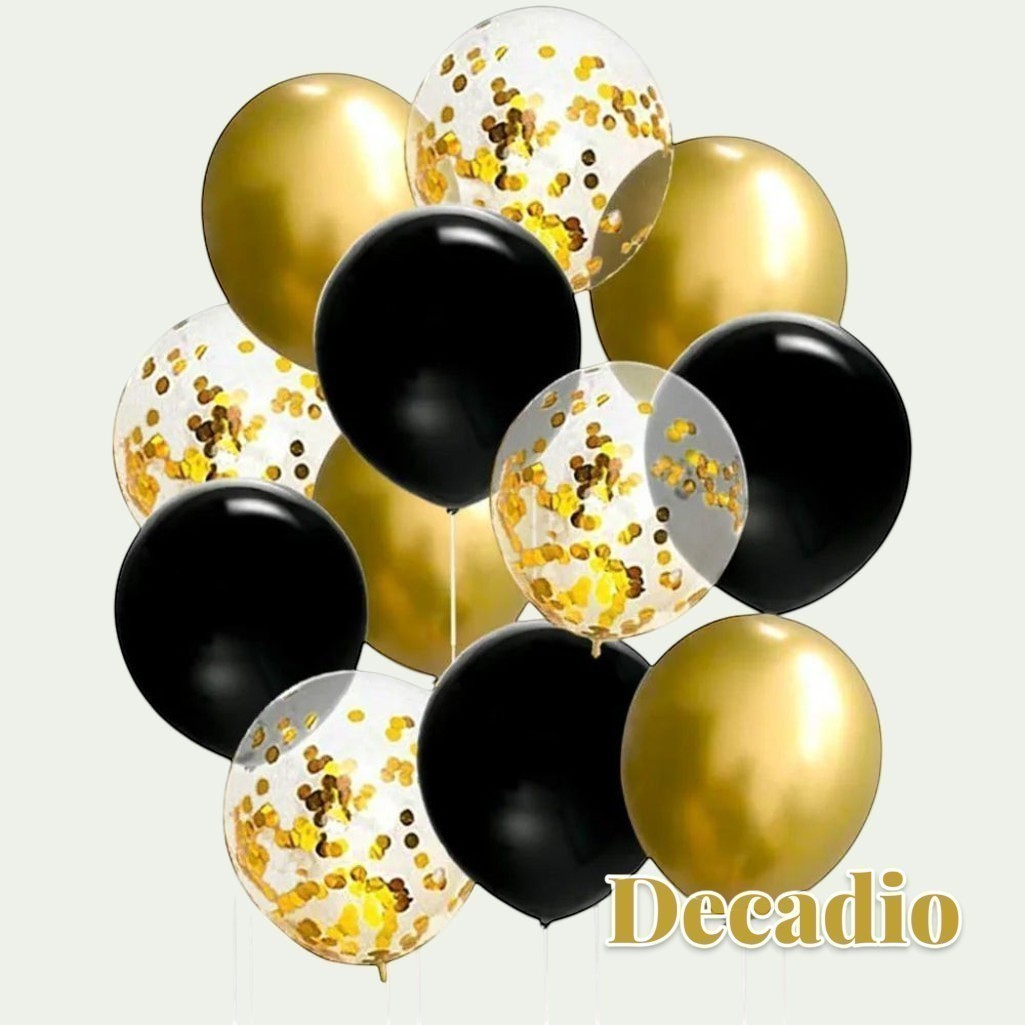 Gr8est Decadio balloon set featuring black, gold, and clear confetti-filled latex balloons for milestone birthdays.