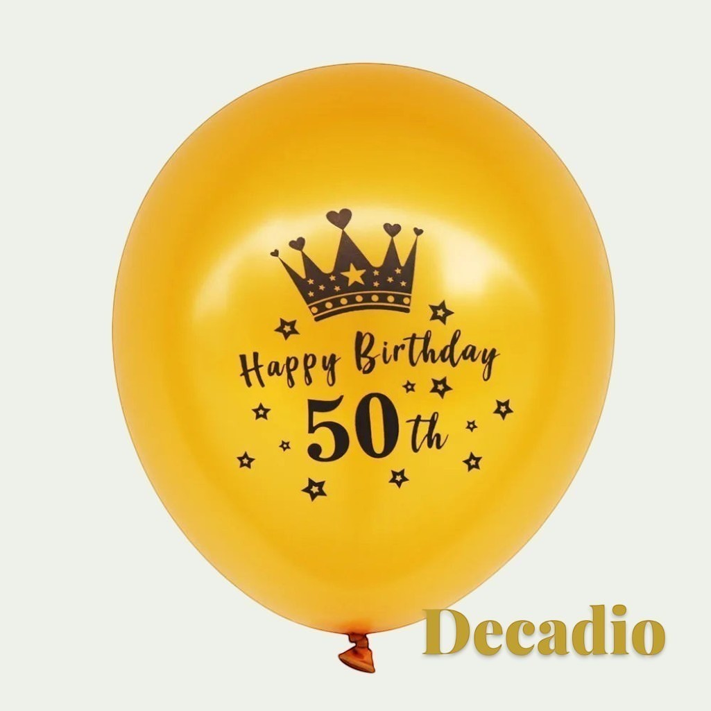 Gr8est Decadio gold latex balloon for a 50th birthday featuring a black crown print and Happy Birthday text