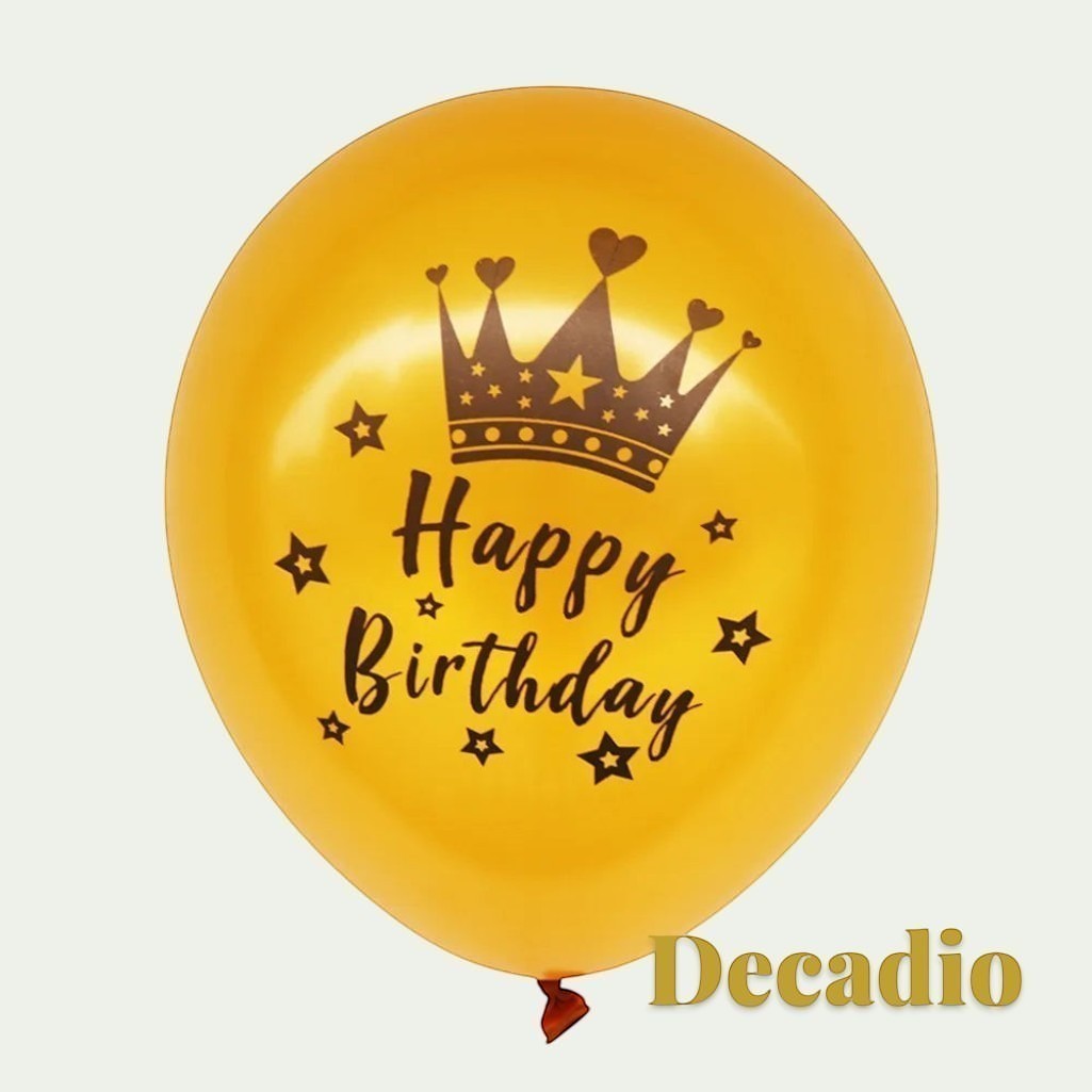 Gr8est Decadio gold latex balloon with black Happy Birthday text, crown, and star prints for milestone celebrations