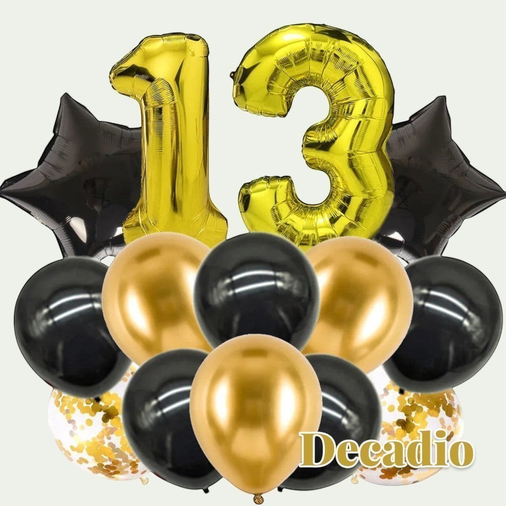 Gr8est Decadio 32-inch gold number 13 foil balloon set with black star balloons and gold and black latex balloons.