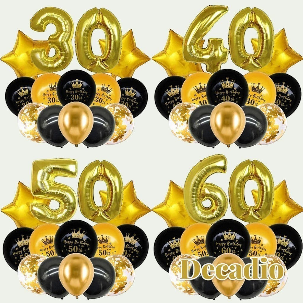 Gr8est Decadio milestone birthday balloon sets featuring gold foil numbers, star balloons, and black confetti latex.