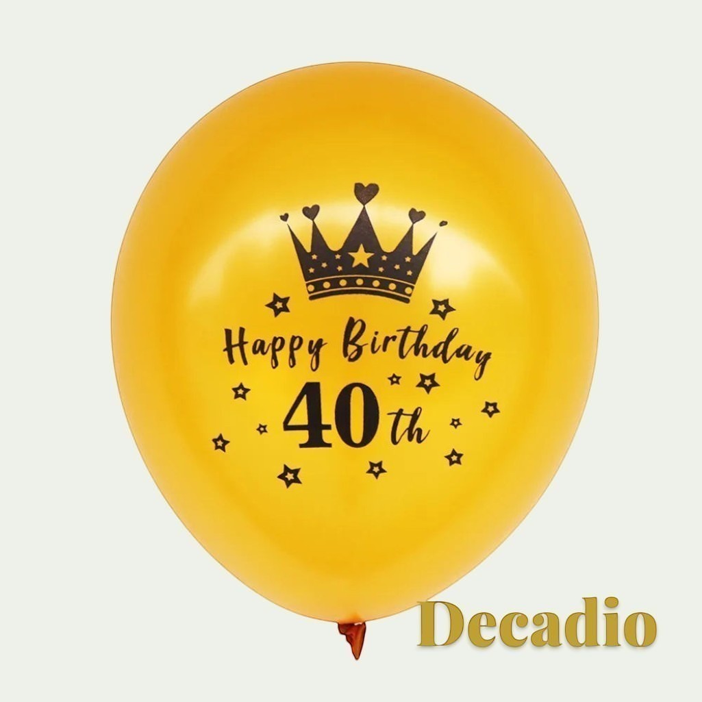 Gr8est Decadio yellow latex balloon featuring a black crown print and Happy Birthday 40th text for milestone parties