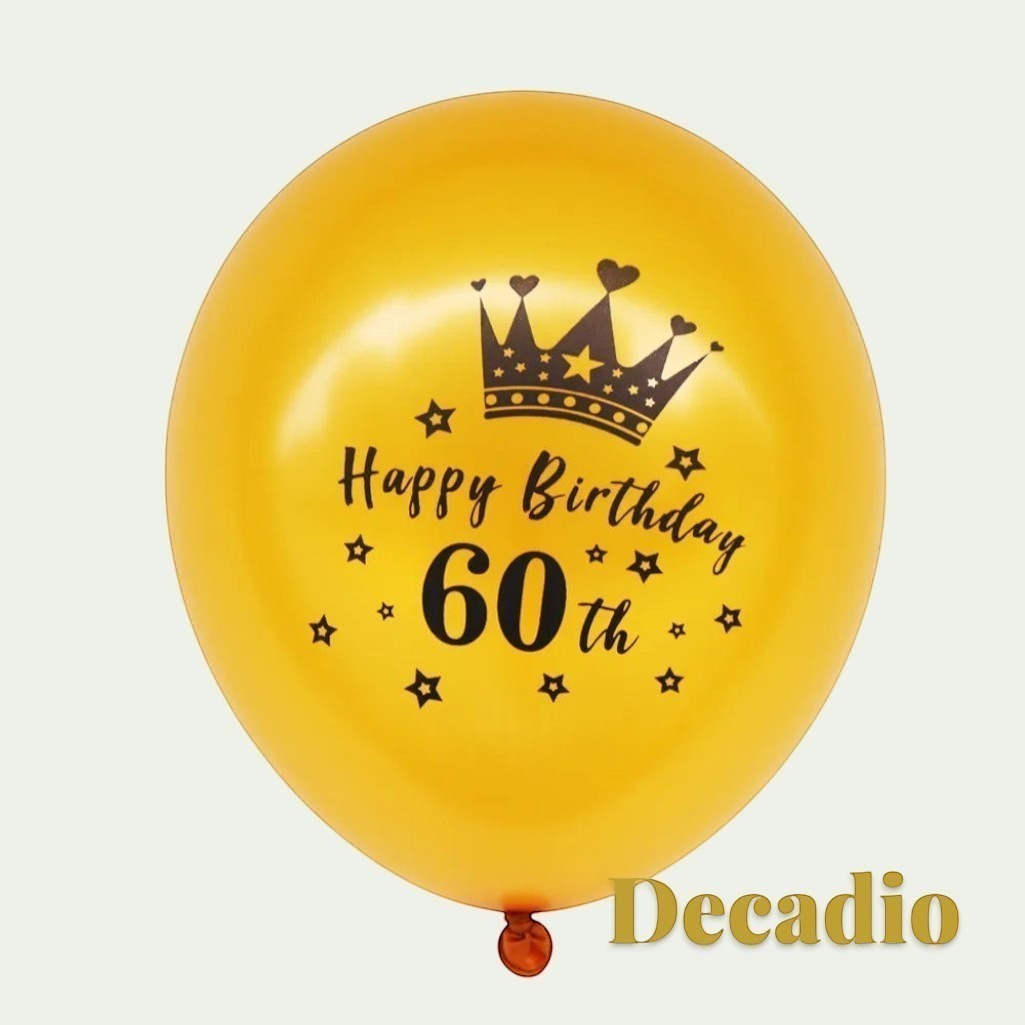 Gr8est Decadio yellow latex balloon for 60th birthday featuring a black crown print and Happy Birthday text