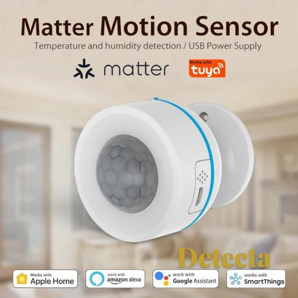 Gr8est Detecta Matter Thread PIR motion sensor in white with USB port and smart home integration logos