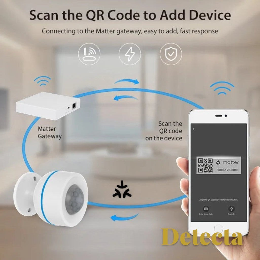 Gr8est Detecta Matter Thread PIR motion sensor being paired with a smartphone via QR code and Matter gateway