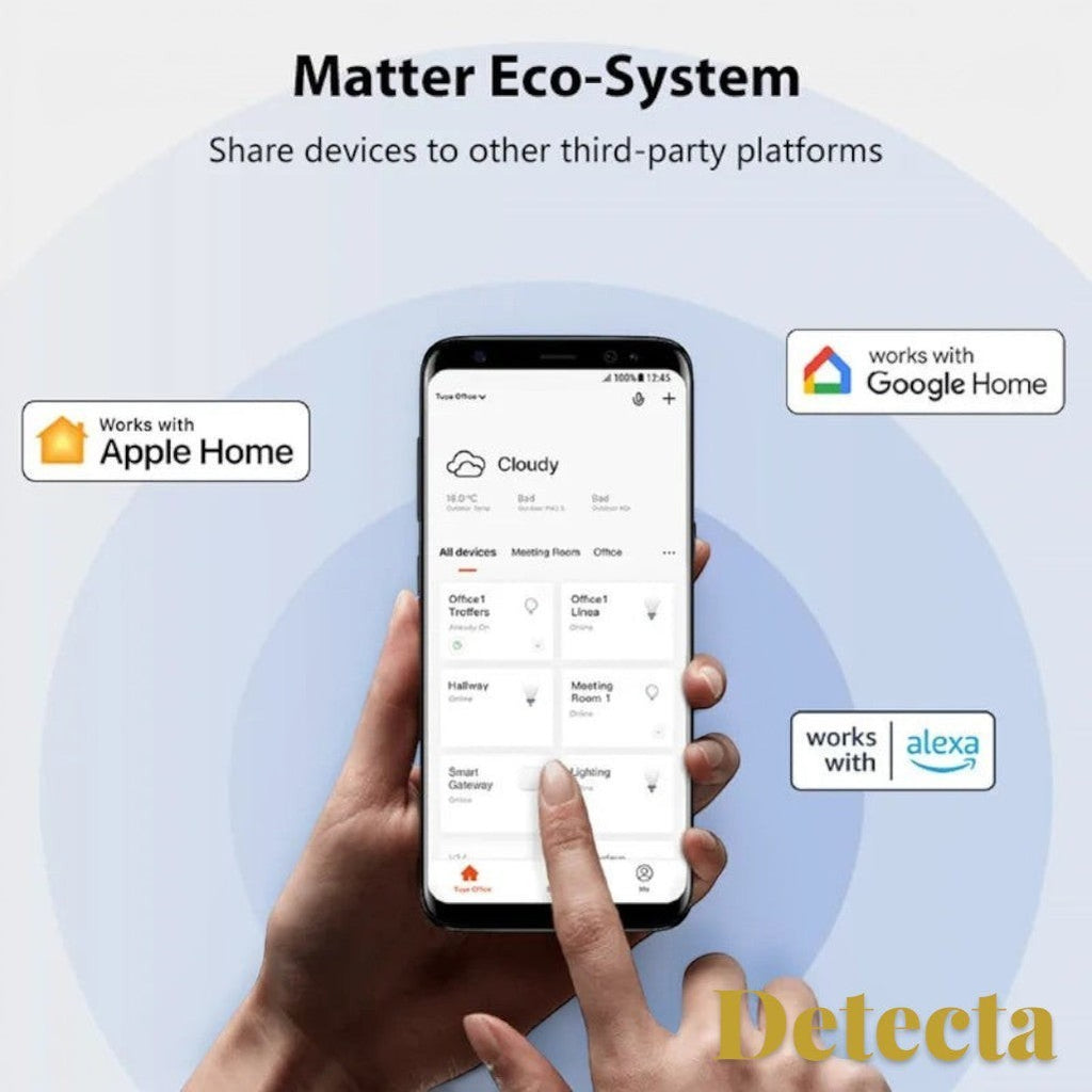Gr8est Detecta smart home app interface on a smartphone showing Matter integration with Apple Home, Alexa, and Google