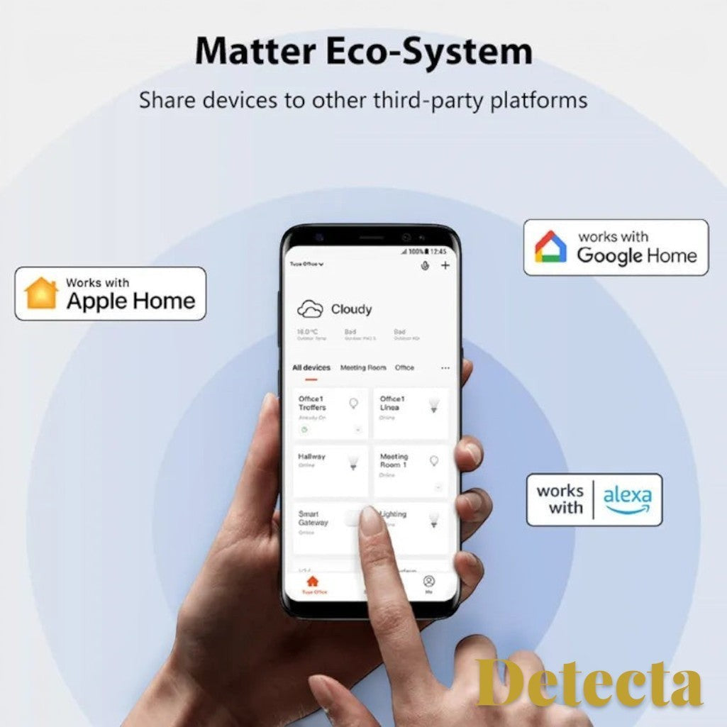 Gr8est Detecta smart home app interface on a smartphone showing Matter integration with Apple Home, Alexa, and Google