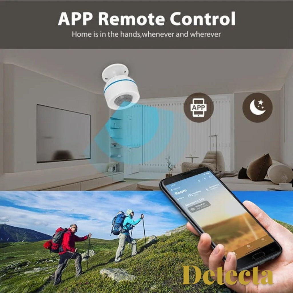 Gr8est Detecta Matter Thread PIR motion sensor mounted on a ceiling with app remote control interface