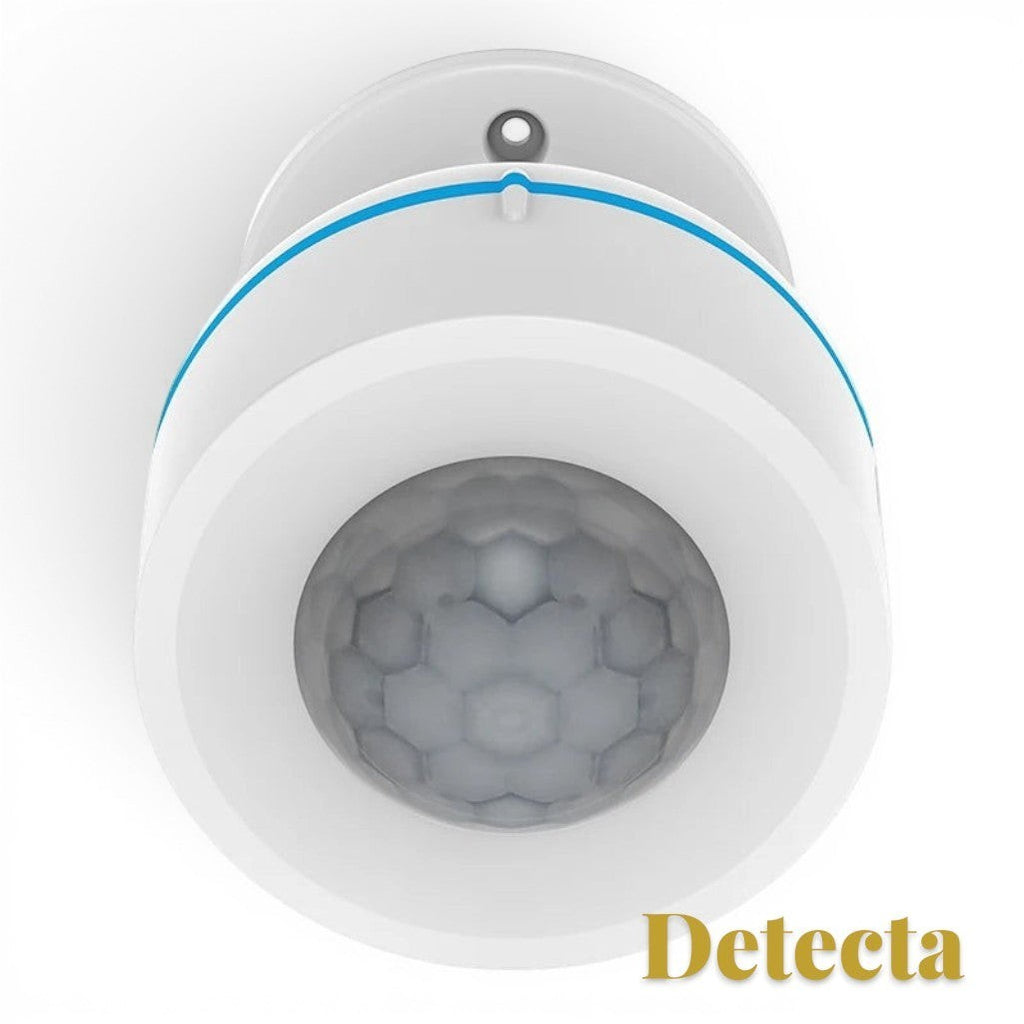 Gr8est Detecta Matter Thread PIR motion sensor in white with a blue accent ring and honeycomb lens design.