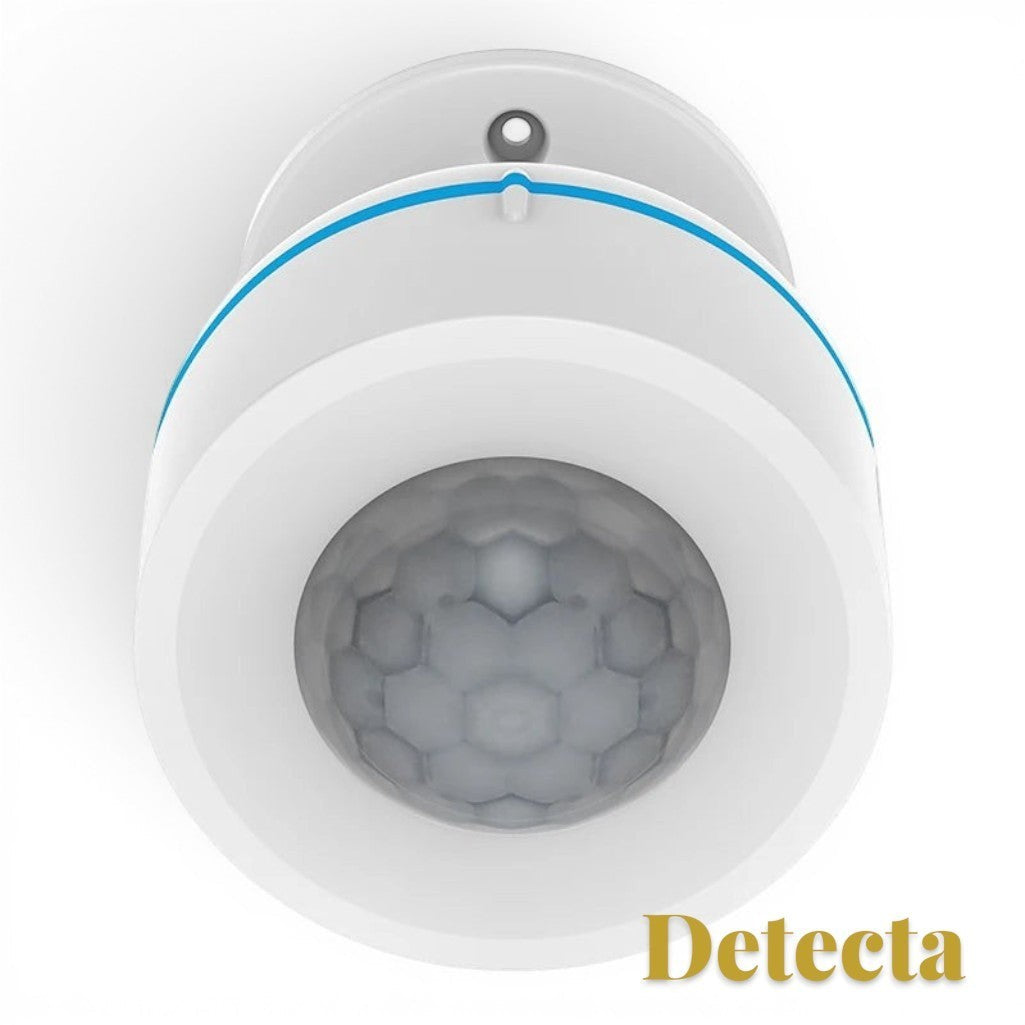 Gr8est Detecta Matter Thread PIR motion sensor in white with a blue accent ring and honeycomb lens design.