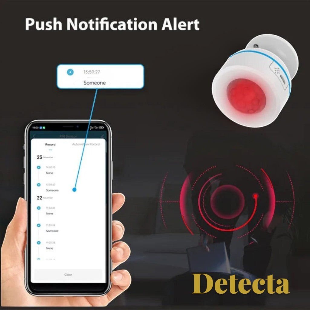 Gr8est Detecta Matter Thread PIR motion sensor showing a smartphone app push notification alert for human detection.