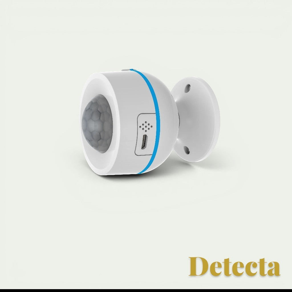 Gr8est Detecta white Matter Thread PIR motion sensor with a blue accent ring and USB port for smart home security.