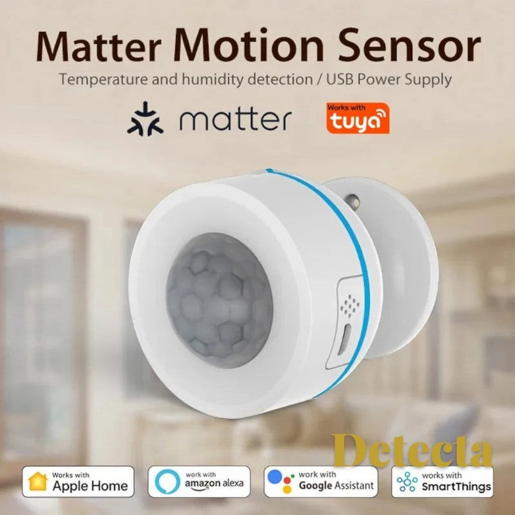 Gr8est Detecta Matter Thread PIR motion sensor in white with USB port, featuring wide-angle infrared detection.
