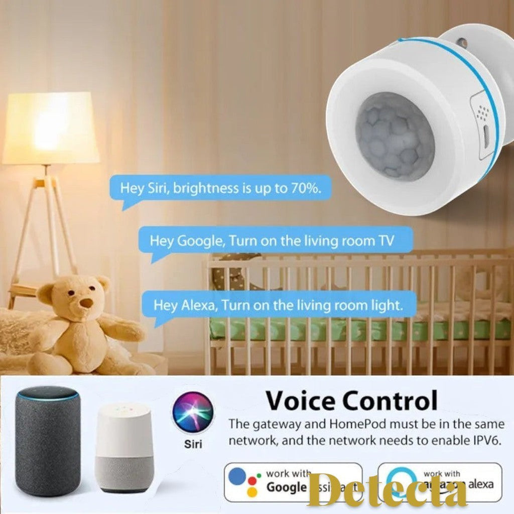 Gr8est Detecta Matter Thread PIR motion sensor in white with blue accent, showing smart home voice control integration.