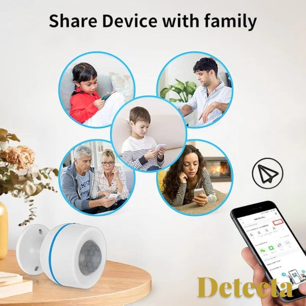 Gr8est Detecta Matter Thread PIR motion sensor showing family device sharing features on a smartphone app
