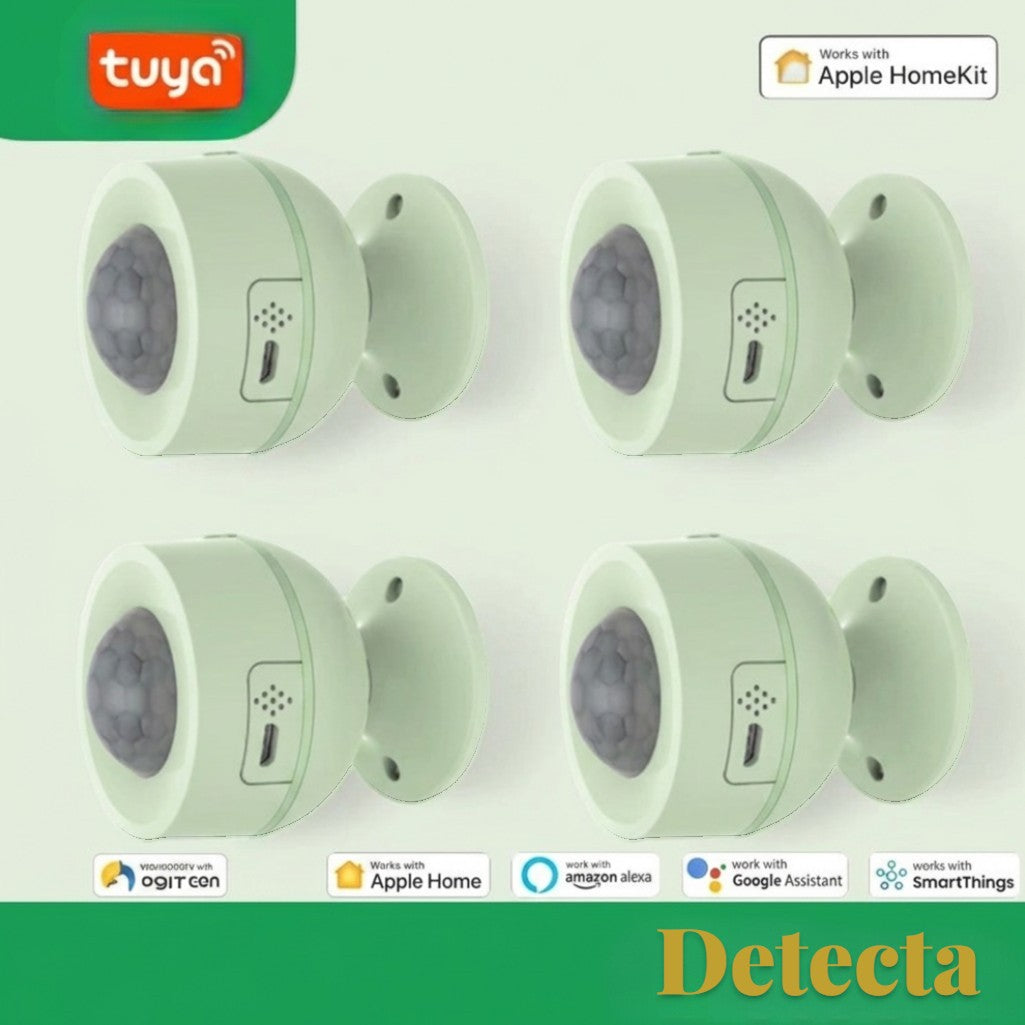 Gr8est Detecta Matter Thread PIR motion sensor 4-pack in light green with wide-angle infrared detection and USB port.