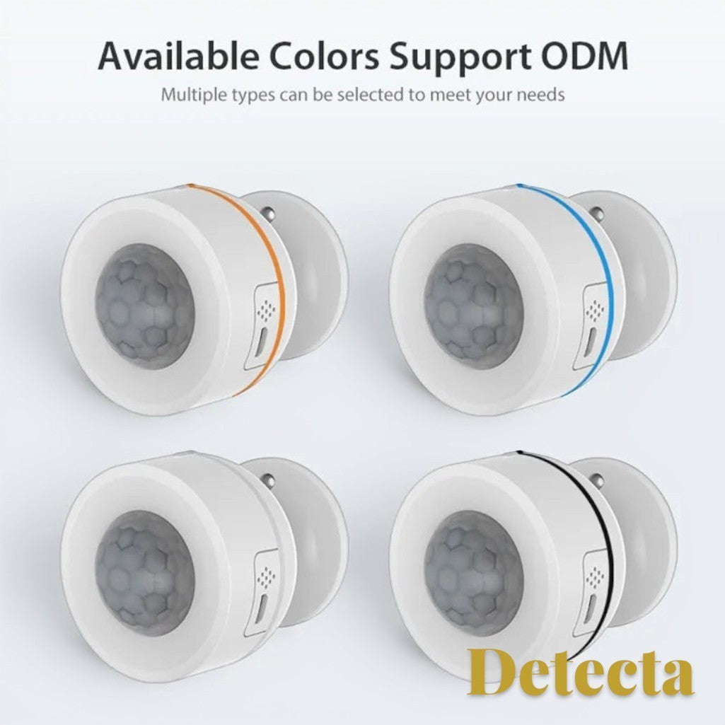 Gr8est Detecta Matter Thread PIR motion sensors in white with orange, blue, and black accent ring options.
