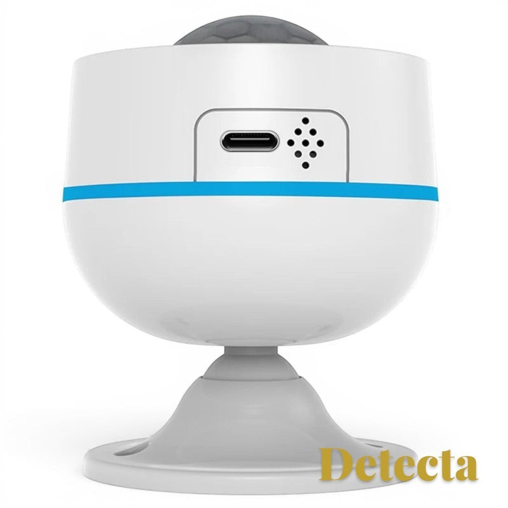 Gr8est Detecta Matter Thread PIR motion sensor in white with a USB-C port and blue accent line on a swivel base.