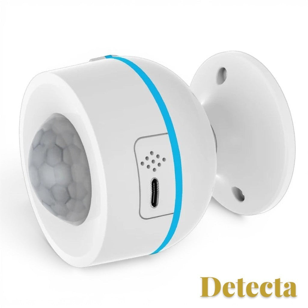 Gr8est Detecta white Matter Thread PIR motion sensor with a blue accent ring and USB port for smart home security