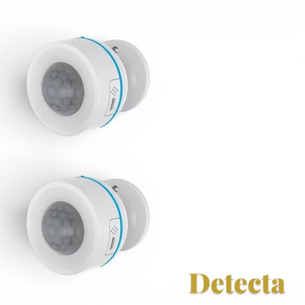 Gr8est Detecta Matter Thread PIR motion sensors in white with blue accent rings, shown as a pair for smart home security.