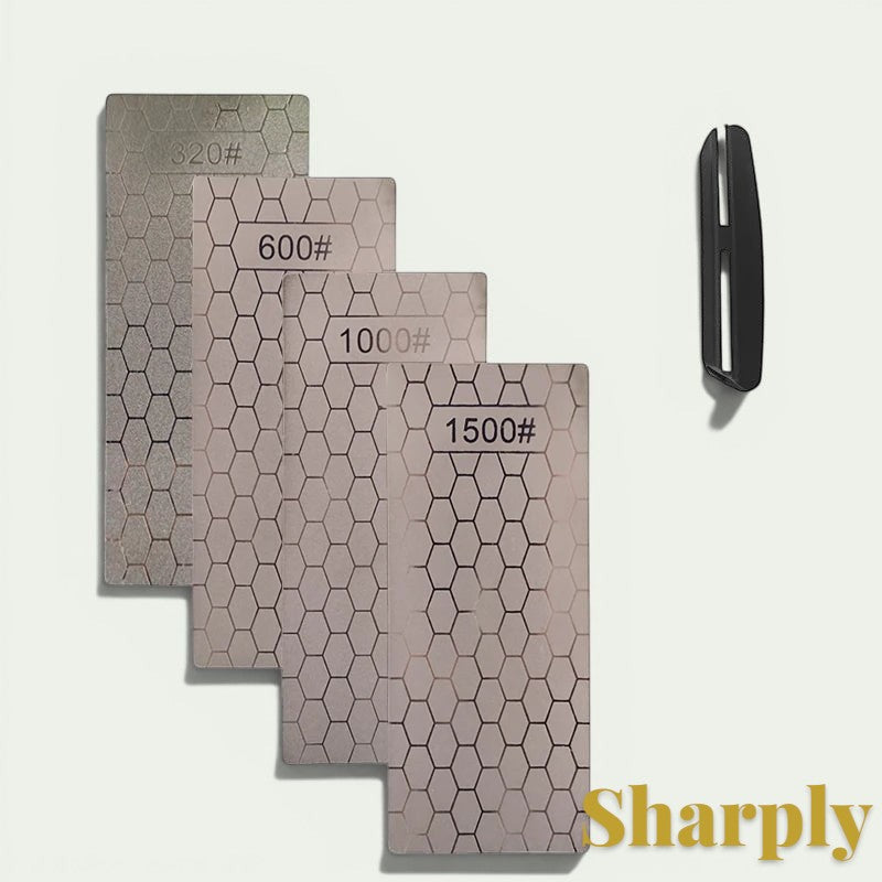Gr8est diamond sharpening stone set with 320, 600, 1000, and 1500 grit hexagonal patterns and a black guide holder.