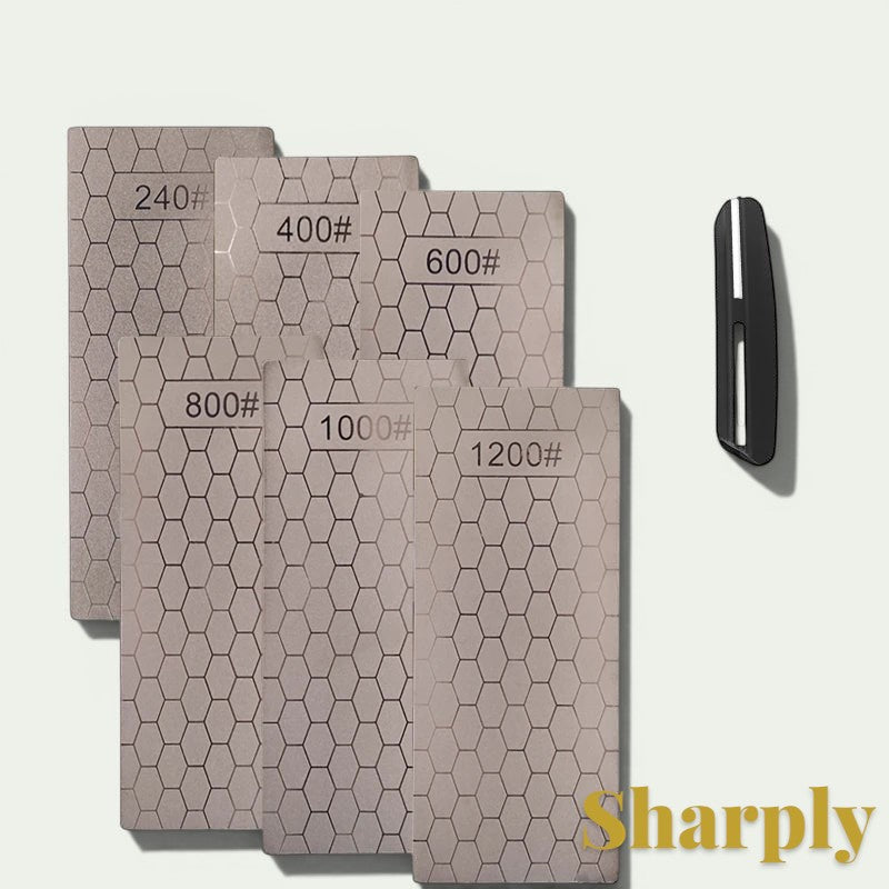 Gr8est diamond knife sharpening stone set with various grit levels and a black handle for professional blade care.