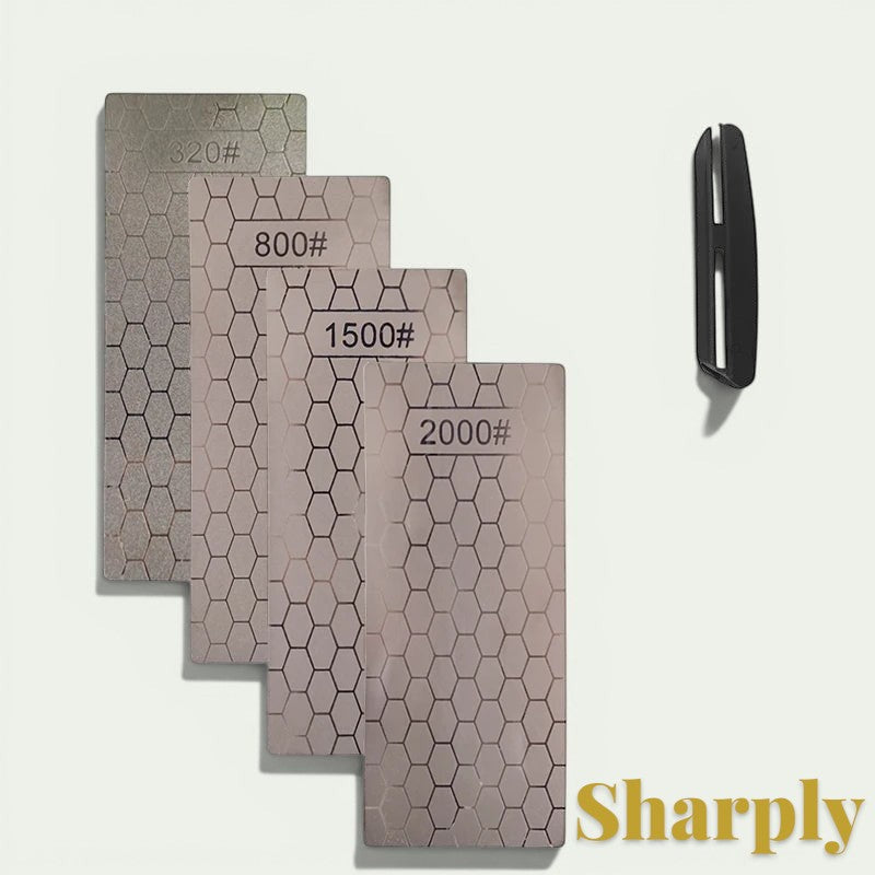 Gr8est diamond sharpening stone set with four different grits and a black sharpening guide tool.
