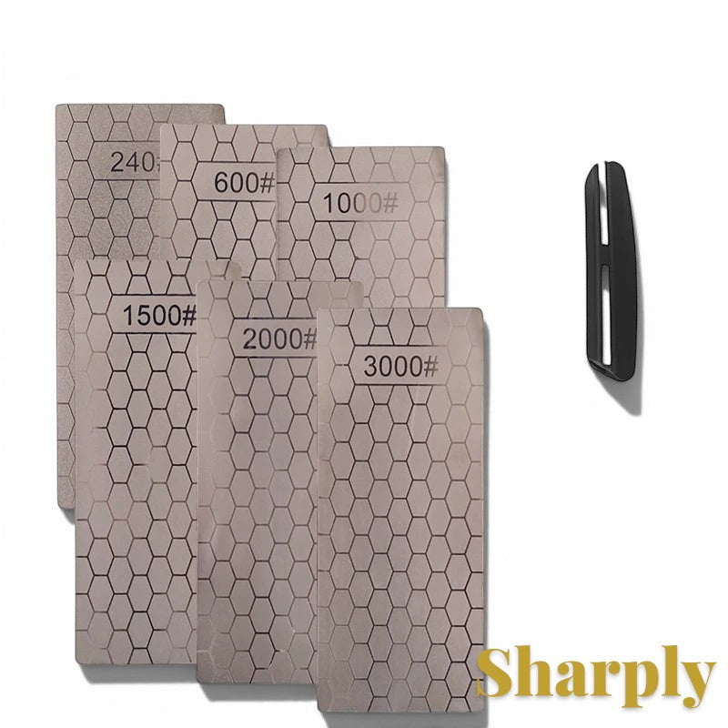 Gr8est diamond sharpening stone set with six different grit plates featuring a honeycomb pattern and a black guide.