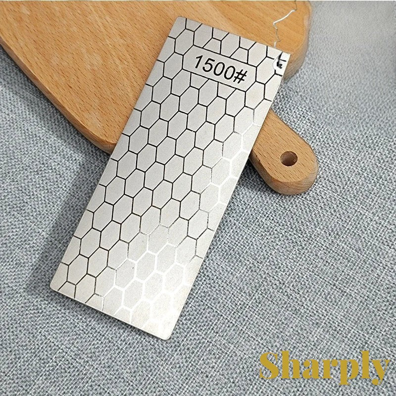 Gr8est diamond knife sharpening stone with a 1500 grit hexagonal pattern surface on a wooden cutting board