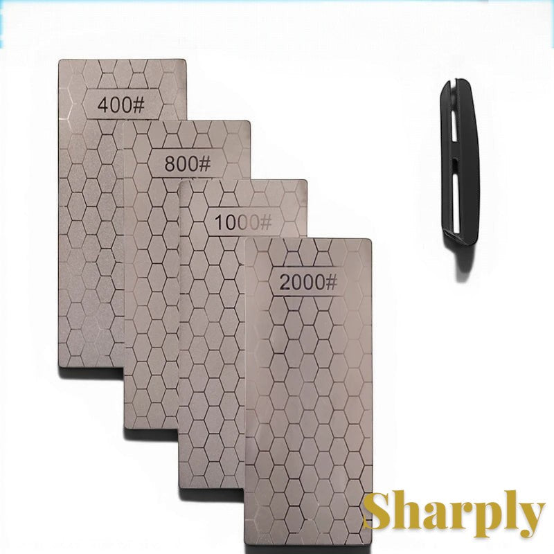 Gr8est diamond knife sharpening stones in 400, 800, 1000, and 2000 grits with a portable black sharpening guide.