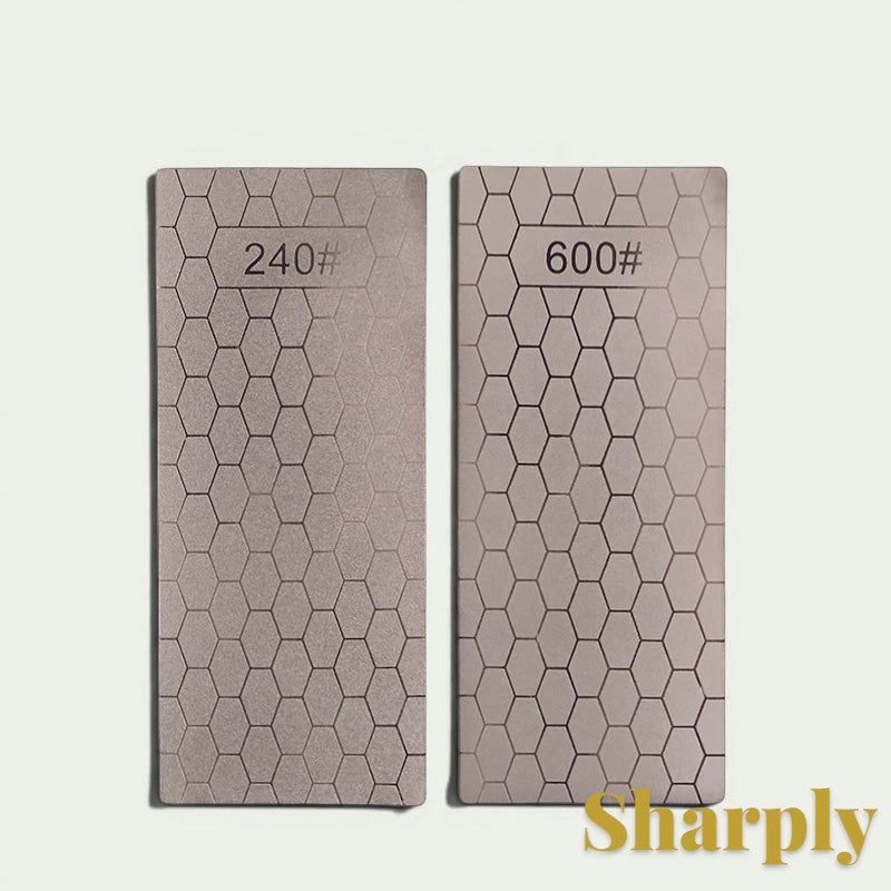 Gr8est diamond sharpening stones with 240 and 600 grit hexagonal patterns for professional kitchen knife maintenance.