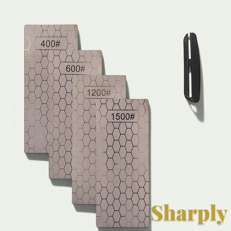 Gr8est diamond knife sharpening stones in 400, 600, 1200, and 1500 grit with a black sharpening guide tool.