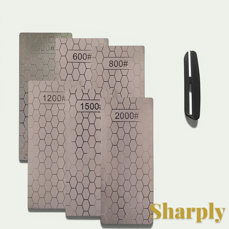 Gr8est set of six diamond sharpening stones with hexagonal patterns and grit levels ranging from 320 to 2000.