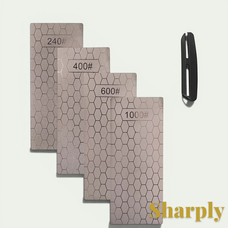 Gr8est diamond knife sharpening stones in four grits with a black holder for professional kitchen blade maintenance.