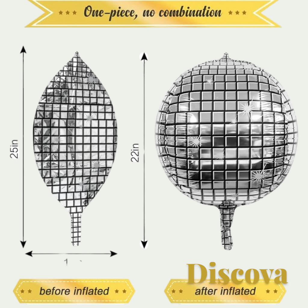 Gr8est Discova 22-inch metallic silver 4D disco ball foil balloon shown before and after inflation for party decor.