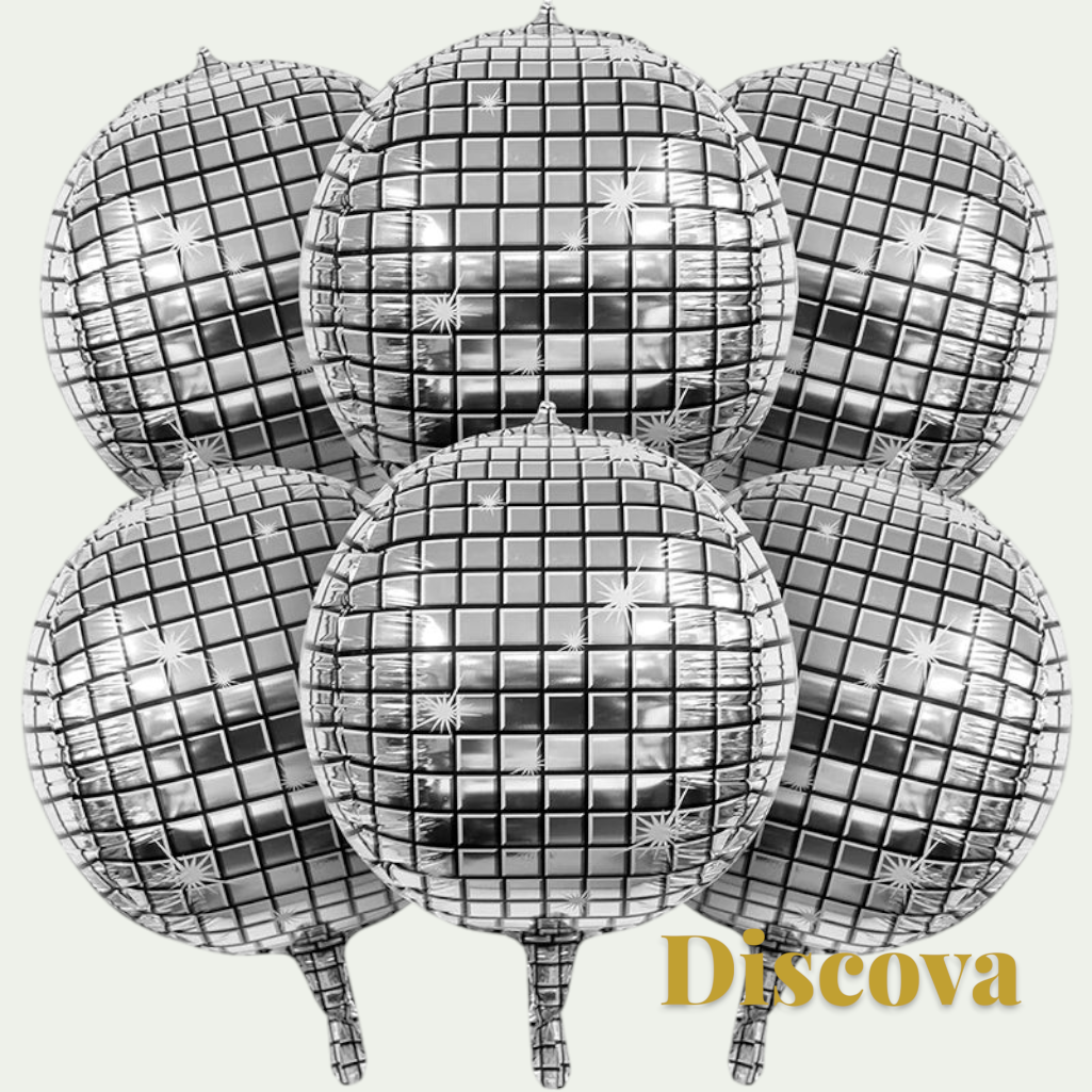 Gr8est Discova 22-inch metallic silver 4D disco ball foil balloons with a reflective mirror-like square tile pattern.