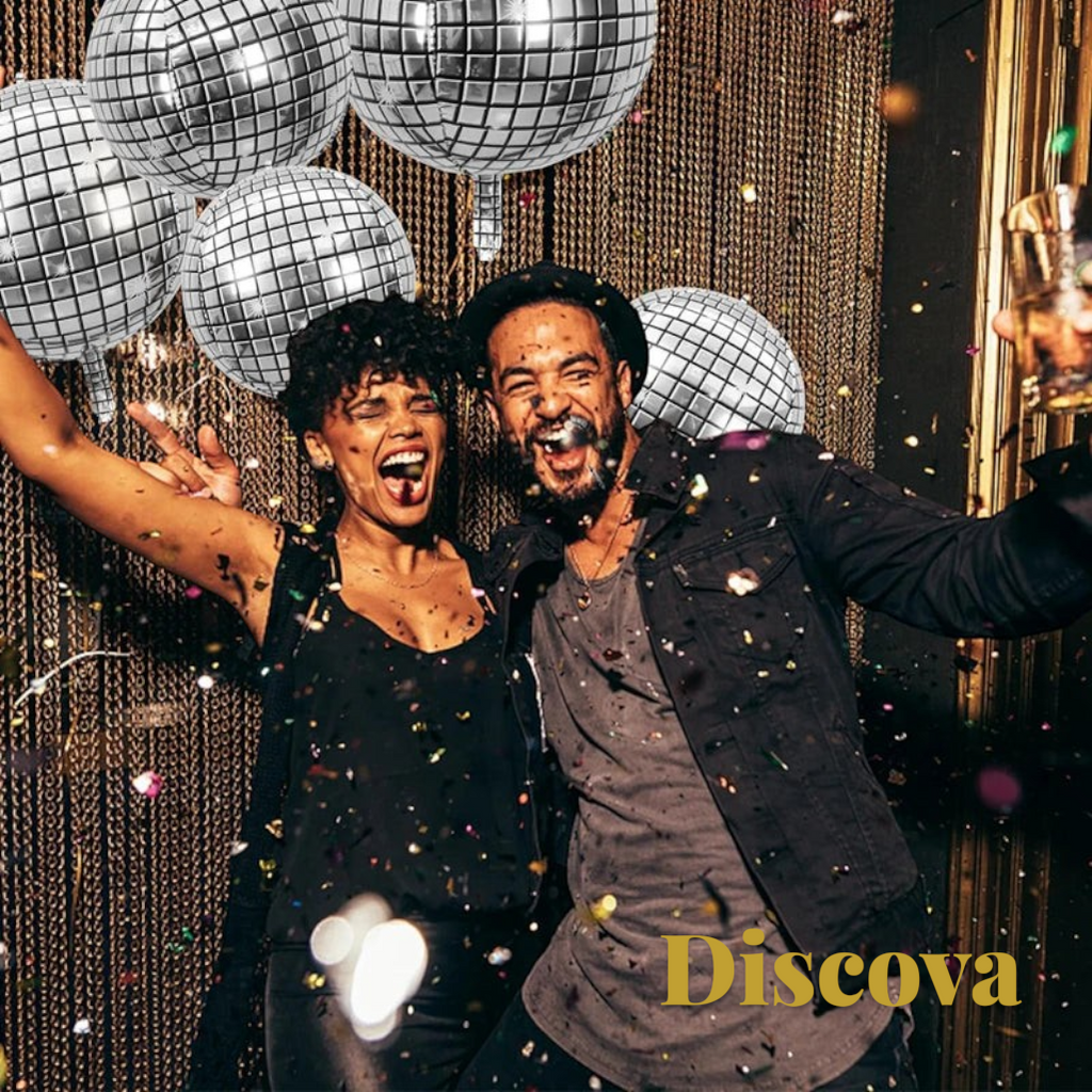 Gr8est Discova 22-inch metallic silver 4D disco ball foil balloons floating above a couple celebrating at a party.