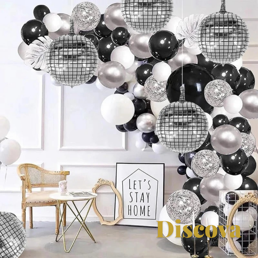 Gr8est Discova 22-inch metallic silver 4D disco ball foil balloons arranged in a black, white, and silver balloon arch.