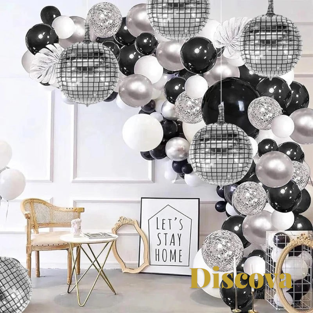 Gr8est Discova 22-inch metallic silver 4D disco ball foil balloons arranged in a black, white, and silver balloon arch.