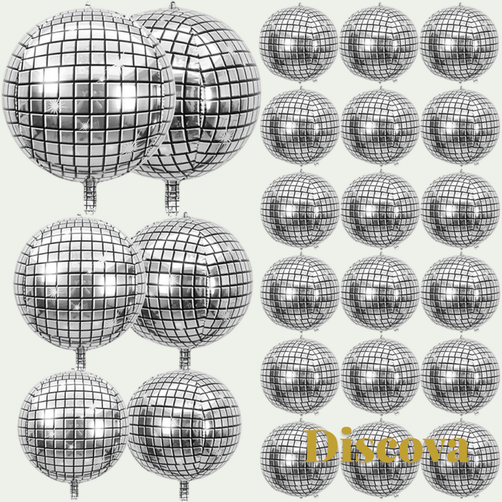 Gr8est Discova 22-inch metallic silver 4D disco ball foil balloons with a reflective mirror-like grid pattern.