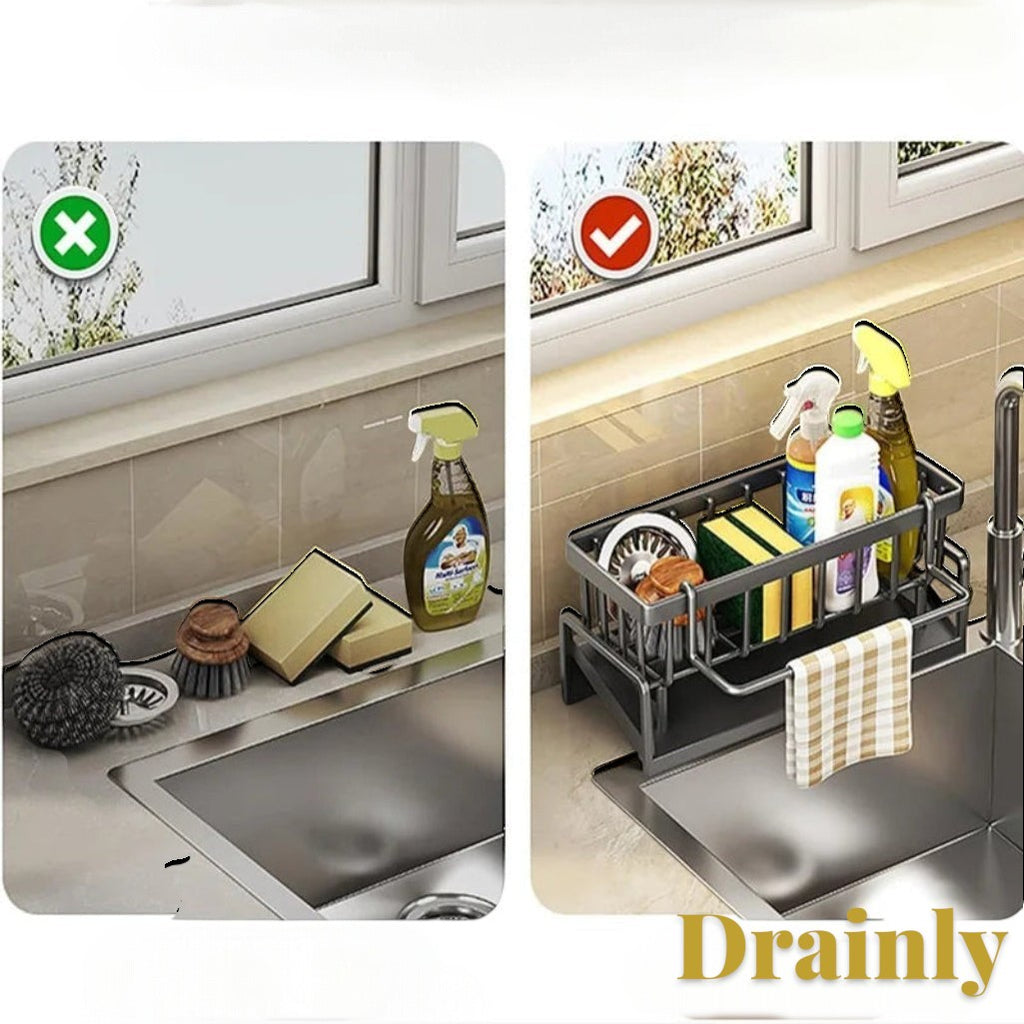 Gr8est Drainly carbon steel sink organizer with tilted drainage tray holding sponges, brushes, and soap bottles.