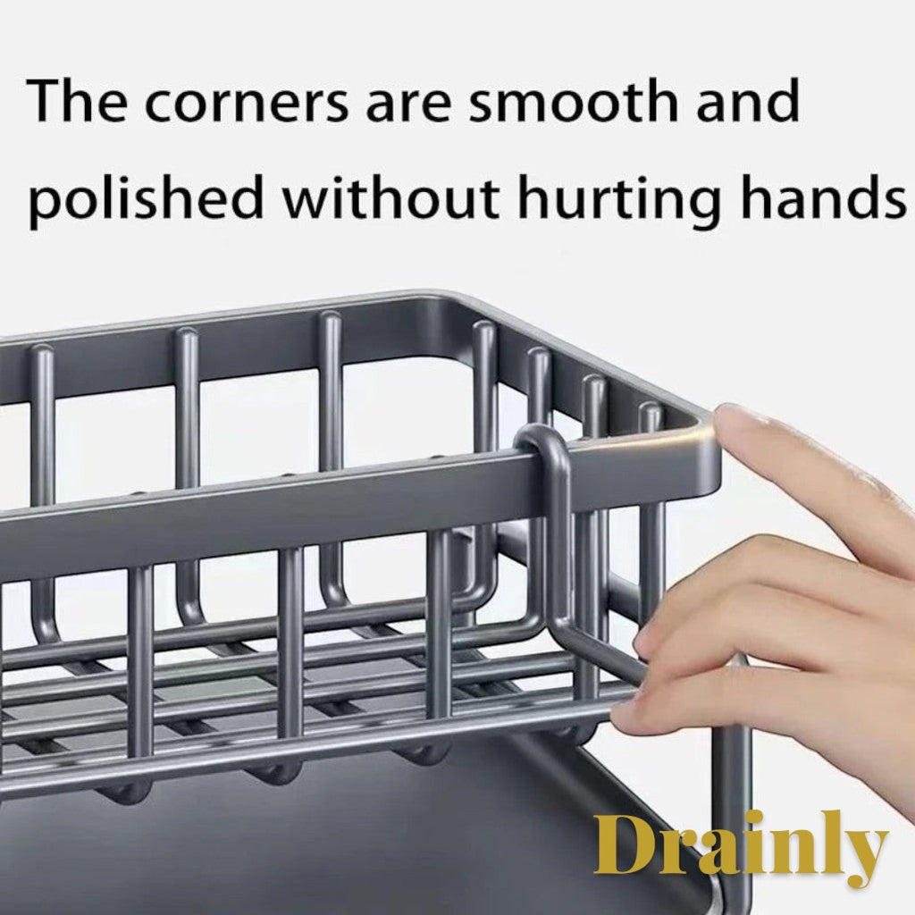 Gr8est Drainly carbon steel sink organizer featuring smooth, polished edges and a durable grey finish.