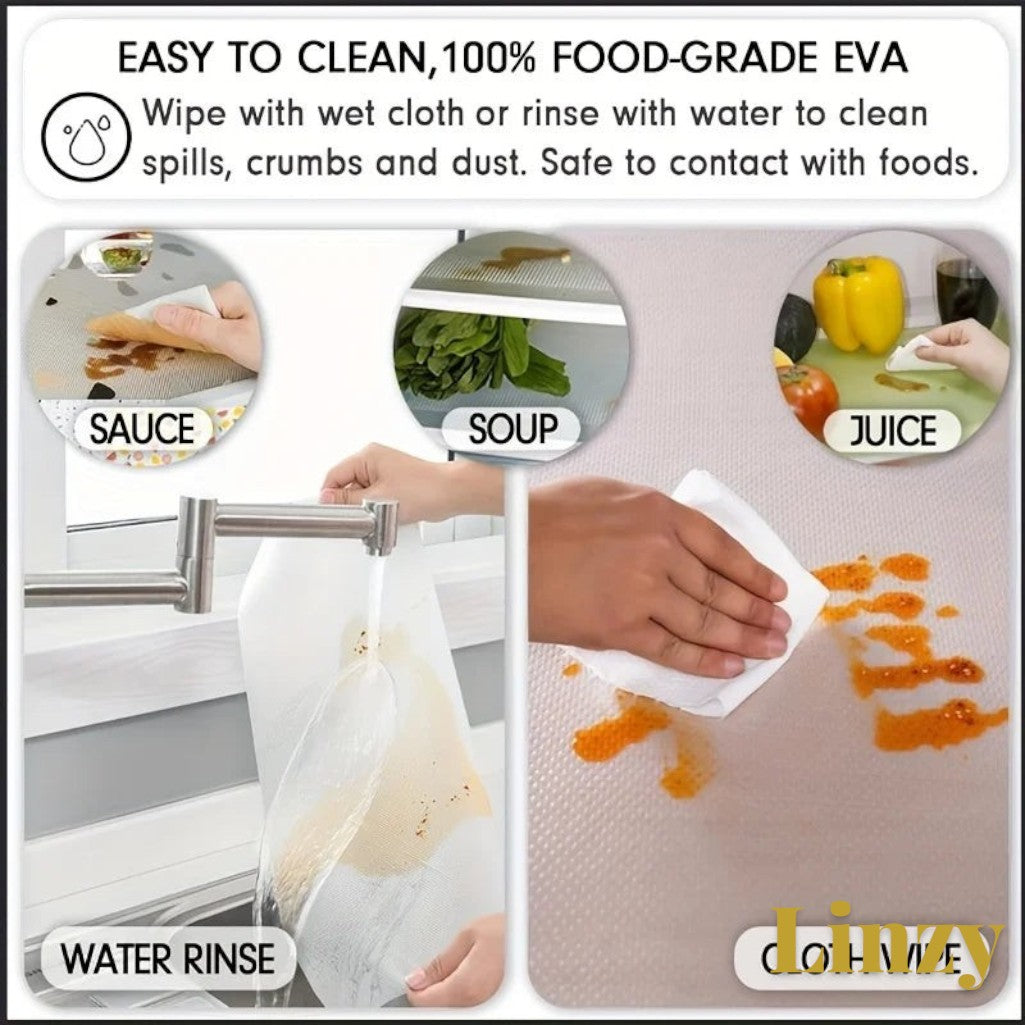 Gr8est Linzy EVA waterproof fridge and cabinet liner mats being cleaned with water and cloth to remove spills