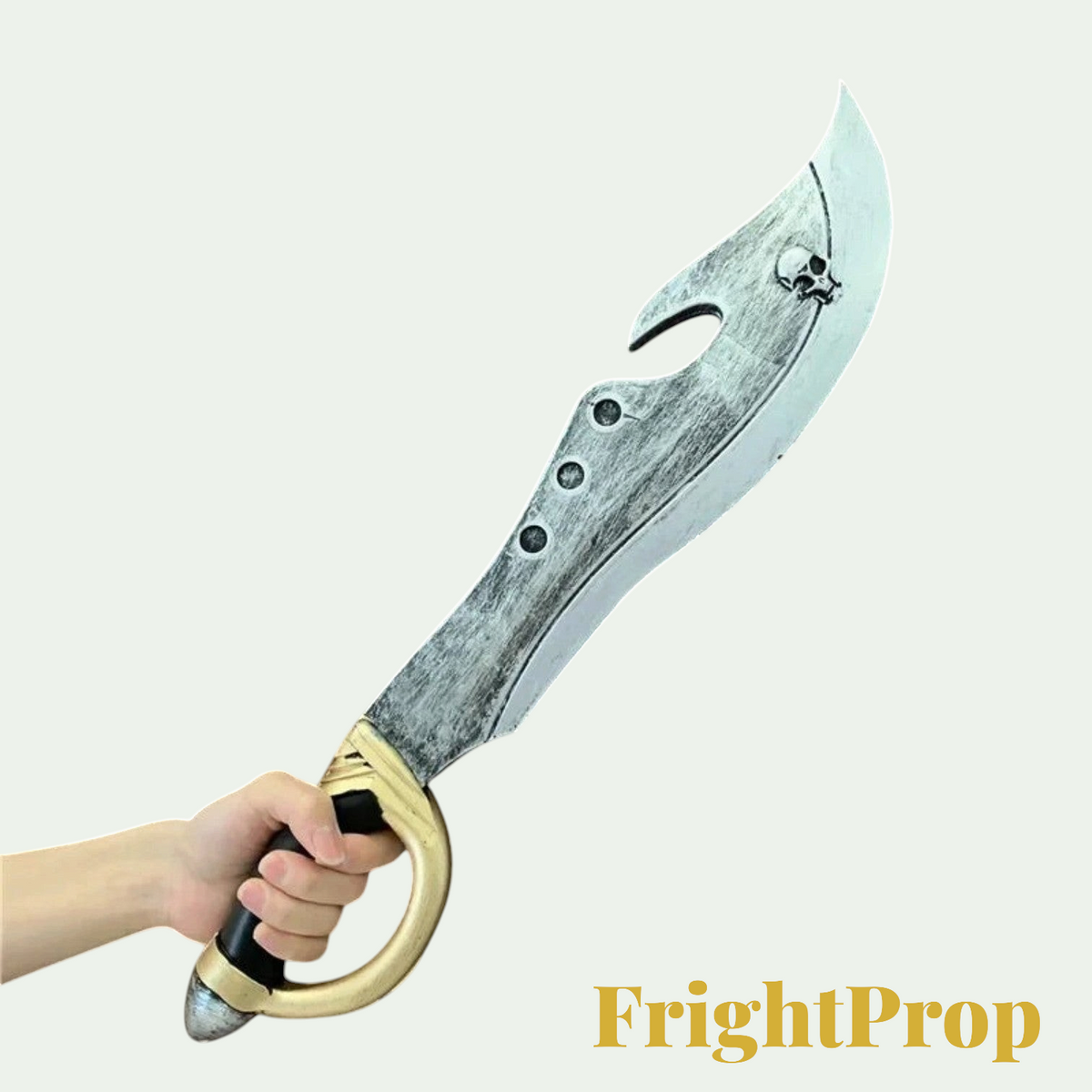 Gr8est PU foam fantasy sword prop with a weathered silver blade, skull detail, and gold hand guard for cosplay.