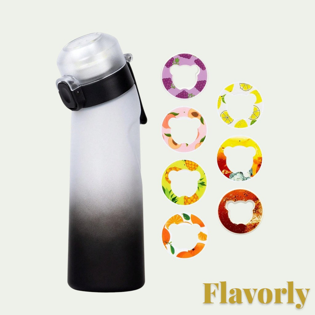Gr8est Flavorly 650ml frosted black water bottle with scent pod and six colorful flavor ring accessories
