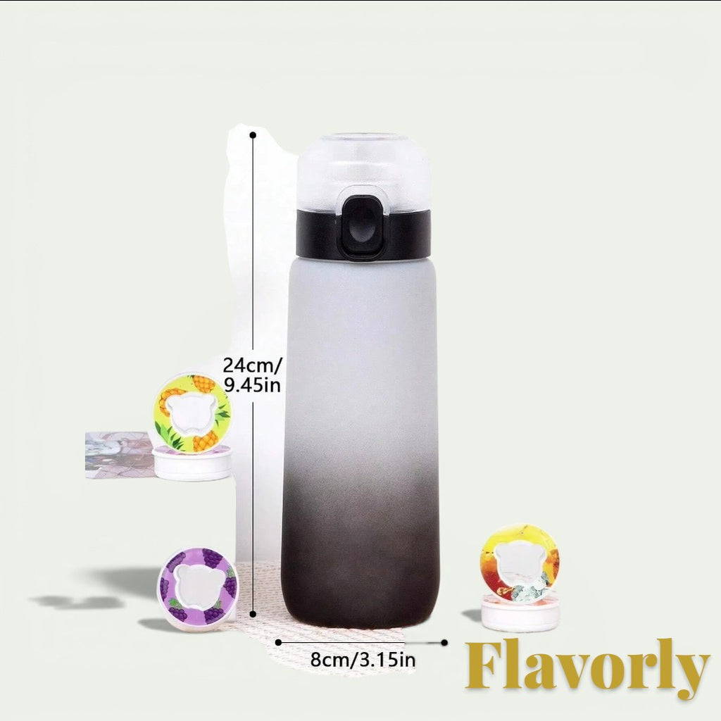 Gr8est Flavorly 650ml frosted black scent pod water bottle with dimensions and assorted flavor pods for fitness.